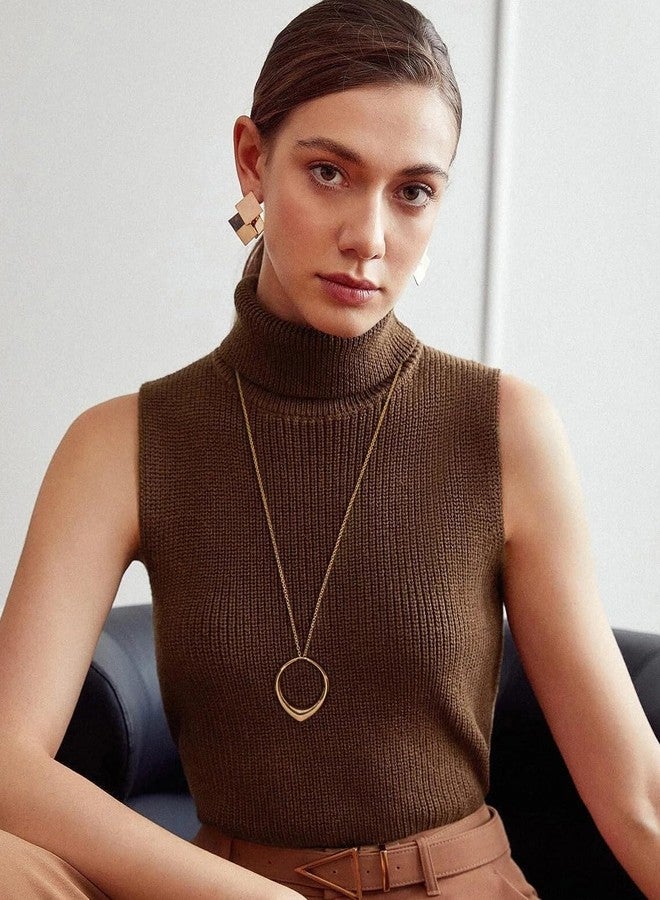 POTESSA Long Circle Pendant Necklace 18K Gold Plated Cable Chain Women Statement Long Sweater Necklace - Image 5